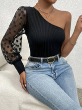 Privรฉ Black Contrast Dobby Mesh Gigot Sleeve One Shoulder Tee shein